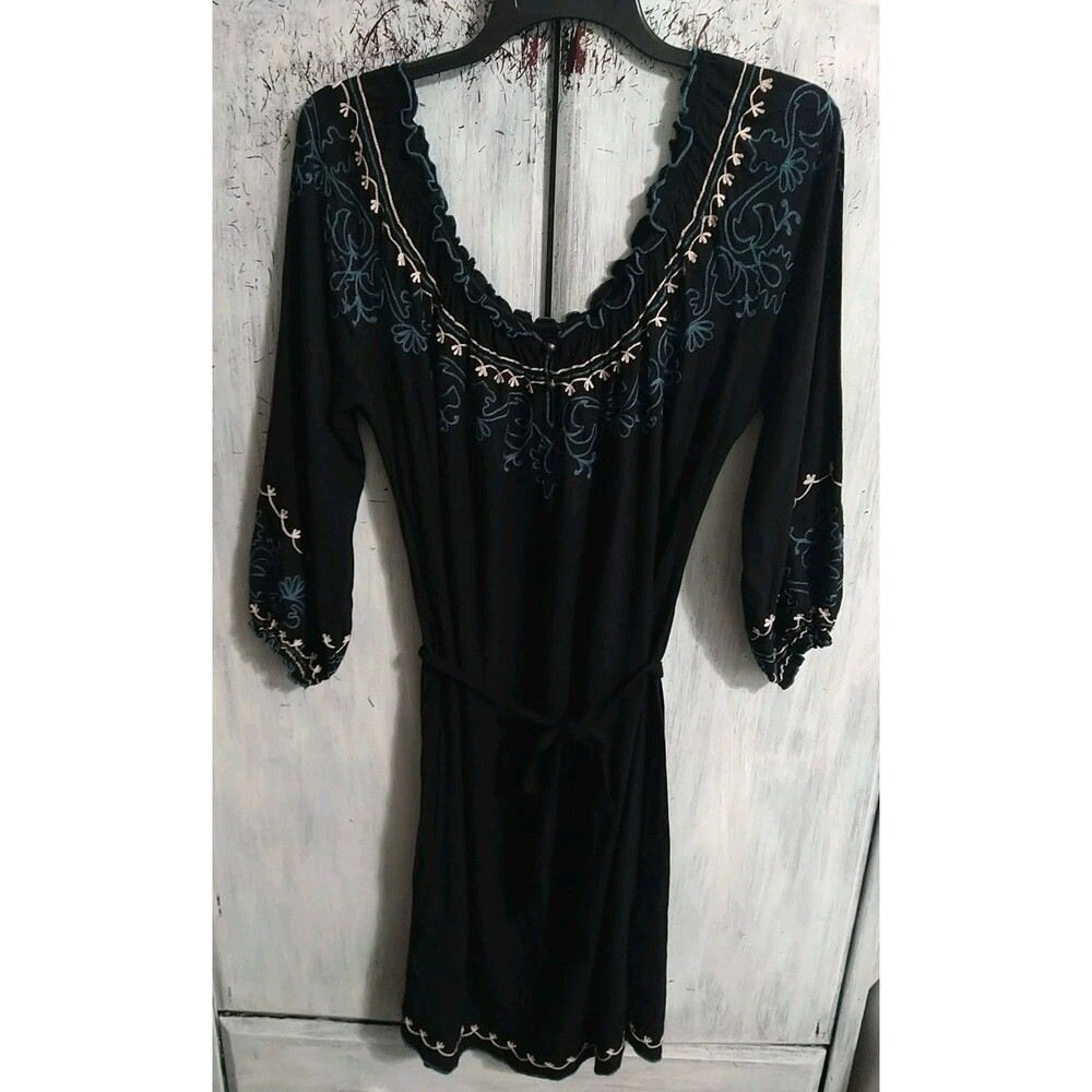 Lucky Embroidered Puff Sleeve Dress Black Md Boho Cottagecore Feminine Y2k